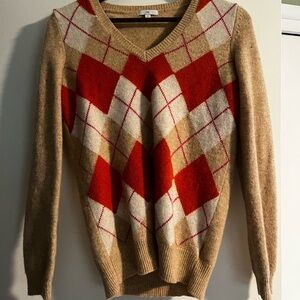 Argyle Patterned Tan and Orange Women's Sweater